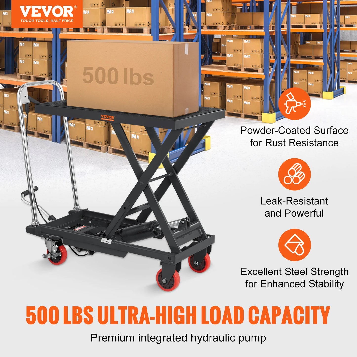 Hydraulic Lift Table Cart - 500 lbs Capacity, 28.5" Lift Height, Single Scissor