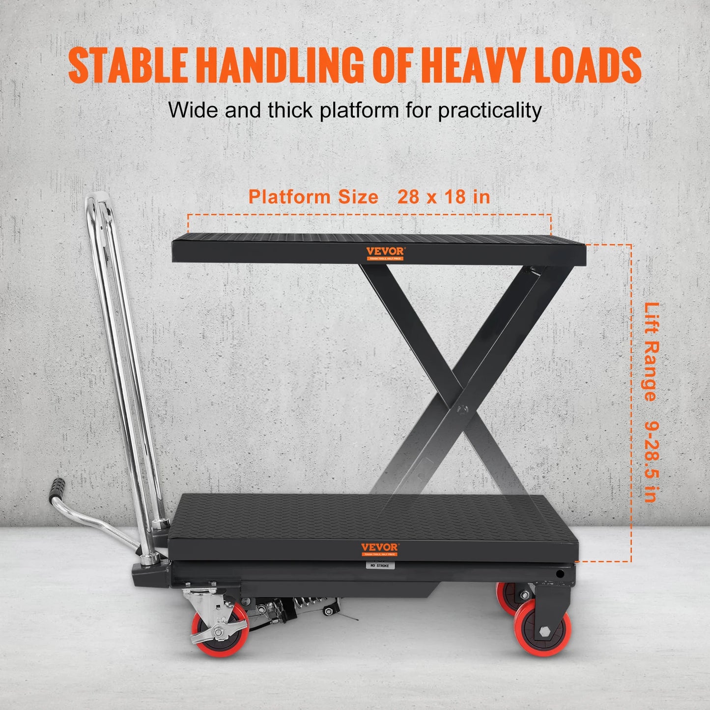 Hydraulic Lift Table Cart - 500 lbs Capacity, 28.5" Lift Height, Single Scissor