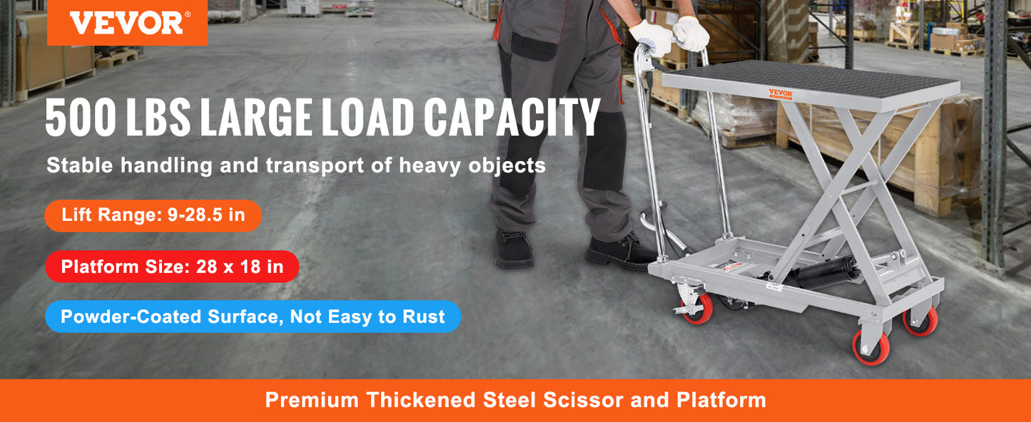Hydraulic Lift Table Cart - 500 lbs Capacity, 28.5" Lift Height, Single Scissor