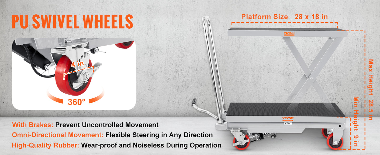 Hydraulic Lift Table Cart - 500 lbs Capacity, 28.5" Lift Height, Single Scissor