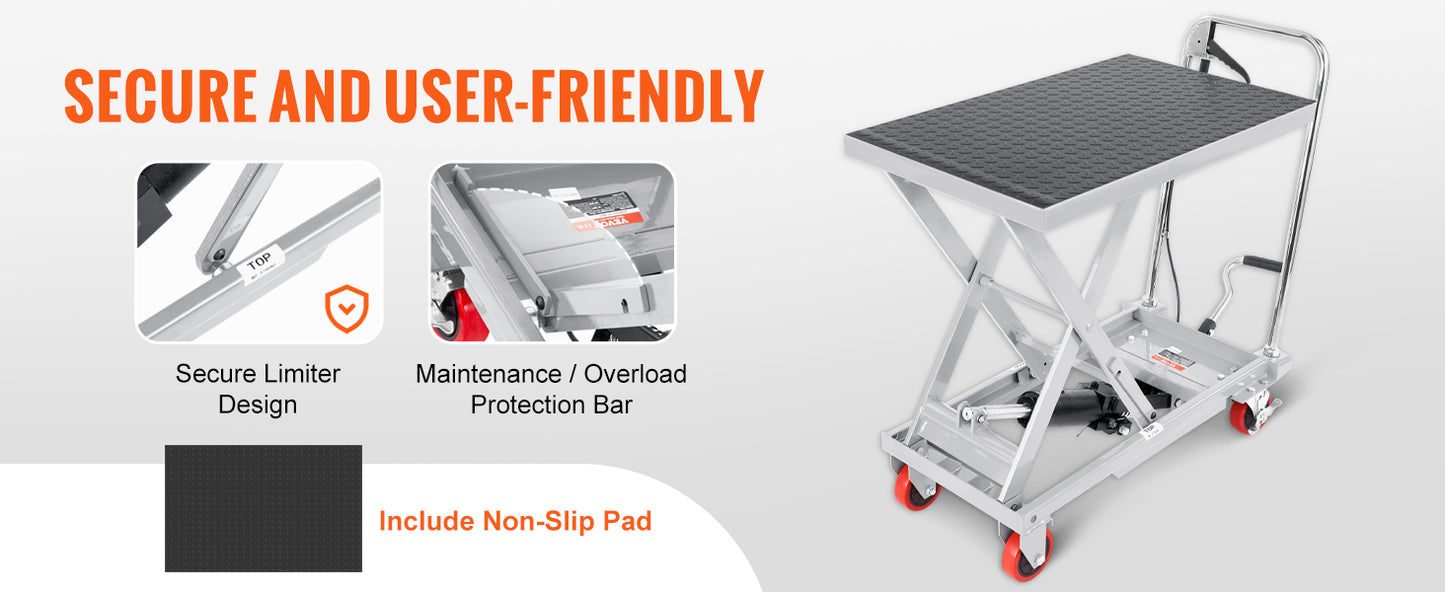 Hydraulic Lift Table Cart - 500 lbs Capacity, 28.5" Lift Height, Single Scissor