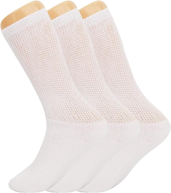 Men's Diabetic Loose Fit Non-Binding Crew Socks, 3 Pairs, Cushioned Sole, Size 9-11, 10-13, 13-15