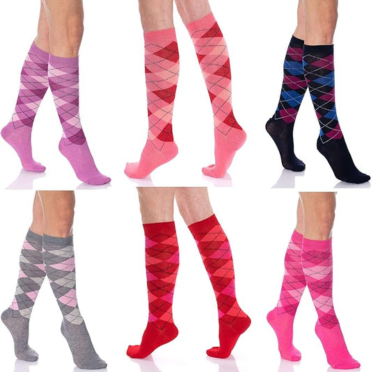 6 Pairs Women's Colorful Argyle Knee High Socks Size 9-11 Combed Cotton