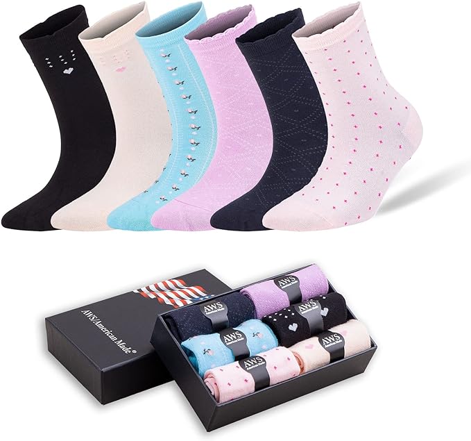 Bamboo Crew Socks for Women Size 6-9 Seamless Toe 6 Pairs with Gift Box