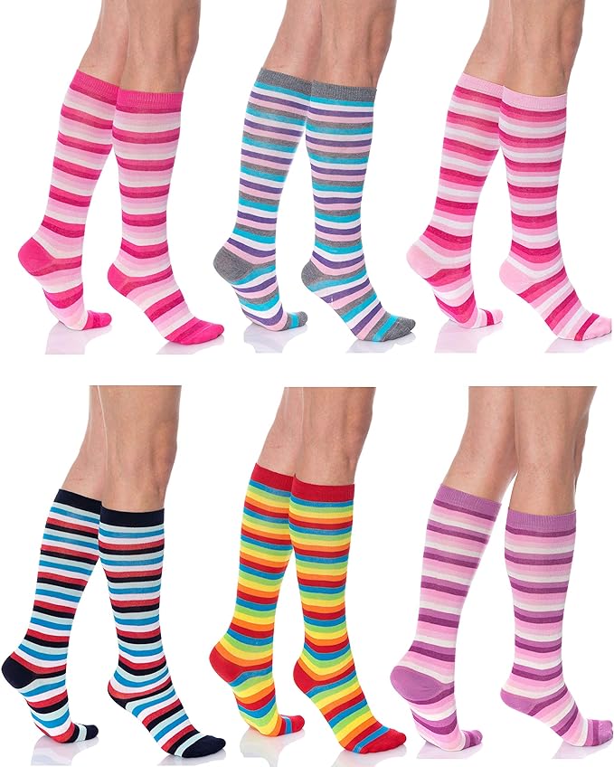 6 Pairs Women's Colorful Argyle Knee High Socks Size 9-11 Combed Cotton