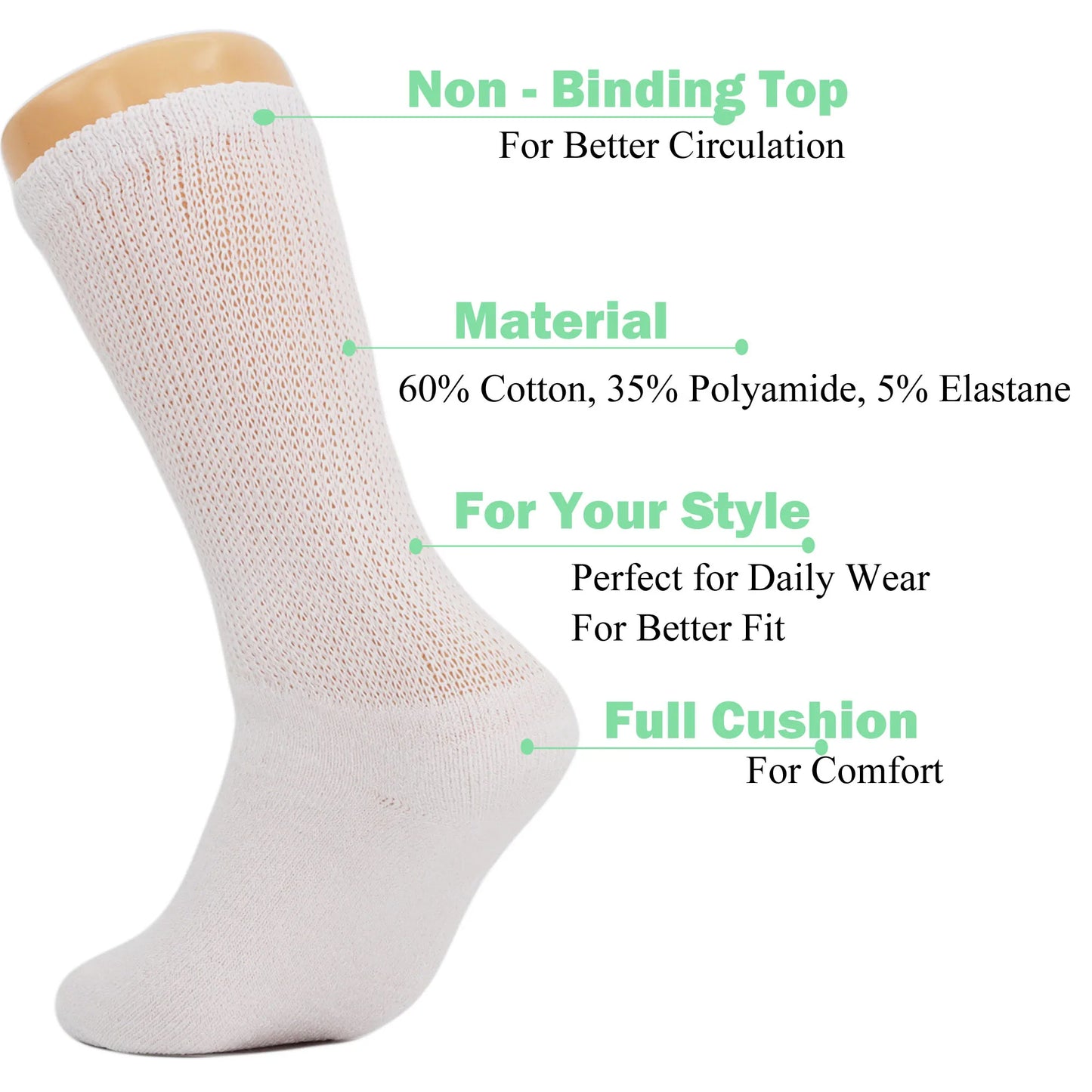Diabetic Crew Loose Fit Socks with Non Binding Top 12 Pairs
