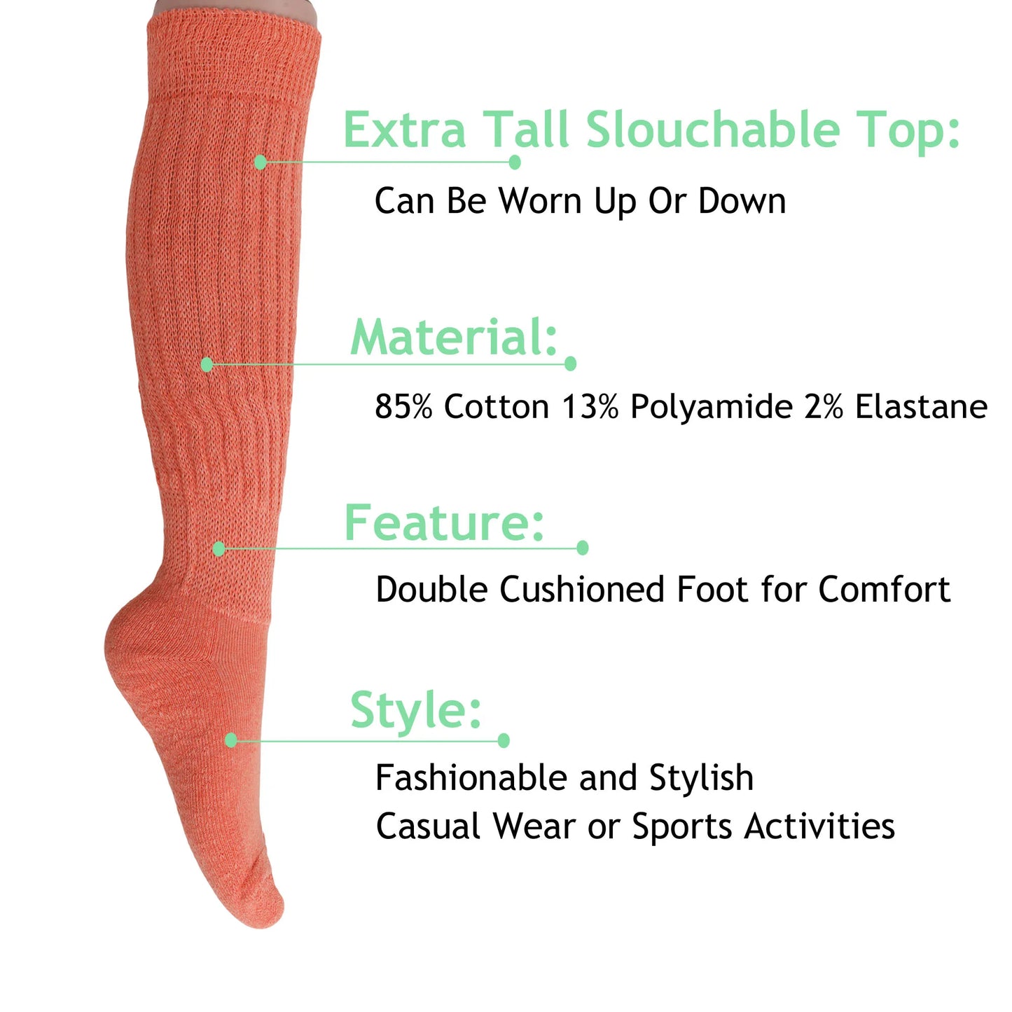 3 Pairs Light Orange Slouchy Scrunch Cotton Slouch Socks for Women Shoe Size 5 to 10