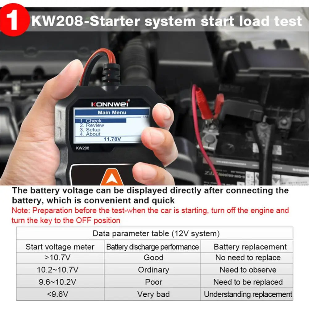 12V Car Battery Tester Analyzer - KW208 CCA, Load Test, Health Diagnostic Tool