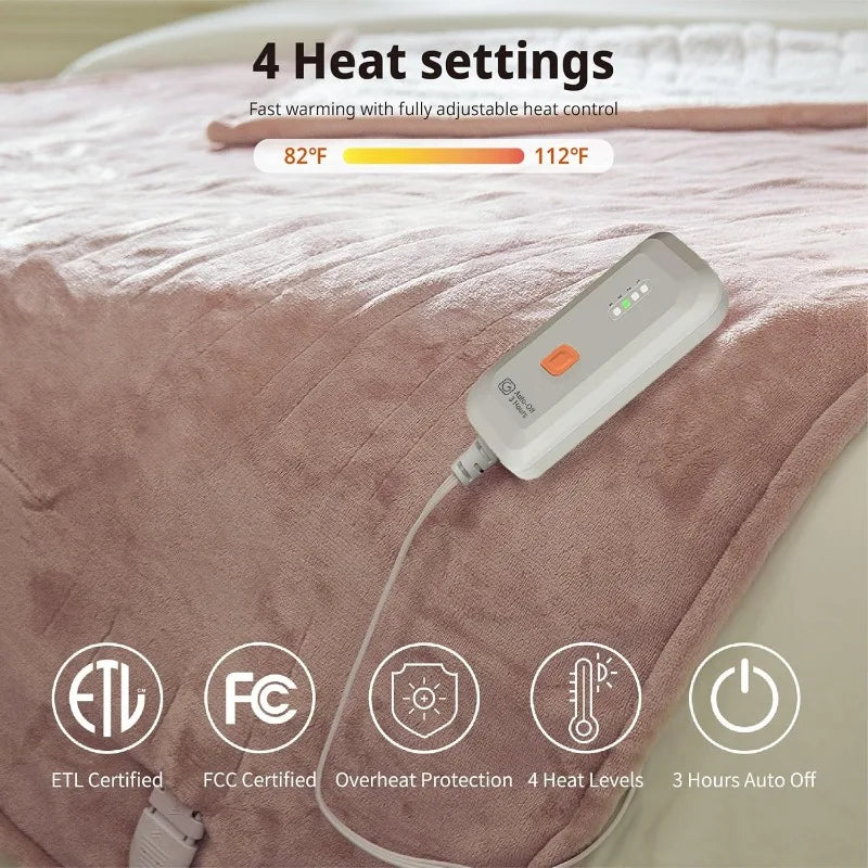 Electric Heated Blanket 50''x60'' Soft Plush, 4 Heat Levels, 3-Hour Auto Off