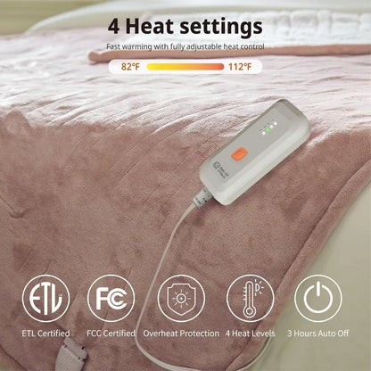 Electric Heated Blanket 50''x60'' Soft Plush, 4 Heat Levels, 3-Hour Auto Off