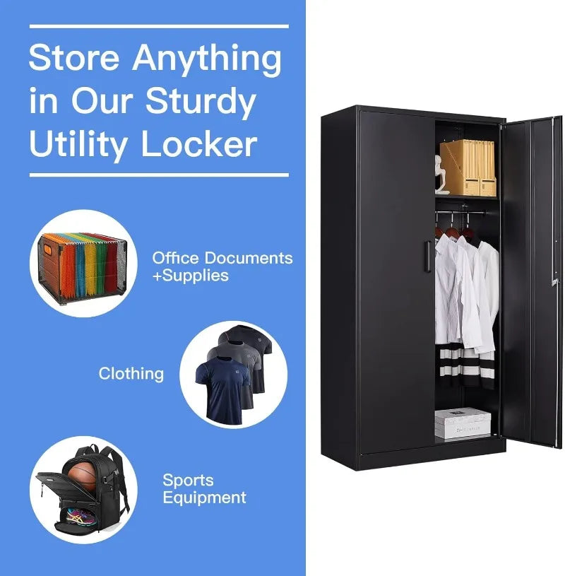 Lockable Metal Storage Cabinet with Adjustable Shelves, Garage & Office Use