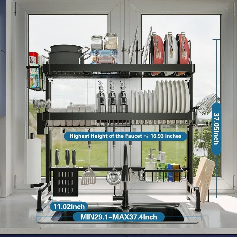 3-Tier Adjustable Over The Sink Dish Drying Rack, Stainless Steel, 29.1''-37.4''