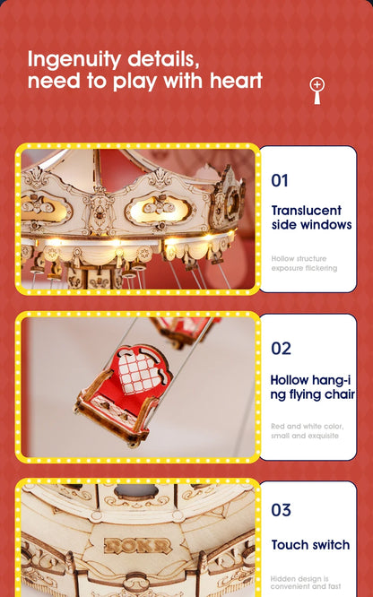 DIY Swing Ride Music Box, 3D Wooden Puzzle Amusement Park Toy for Kids & Adults