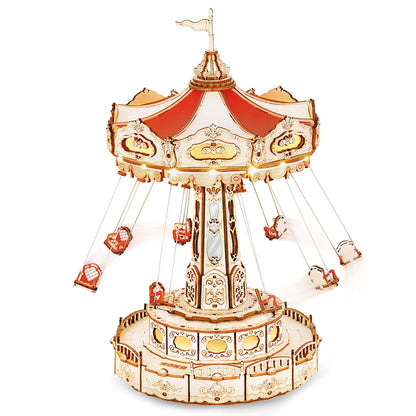 DIY Swing Ride Music Box, 3D Wooden Puzzle Amusement Park Toy for Kids & Adults