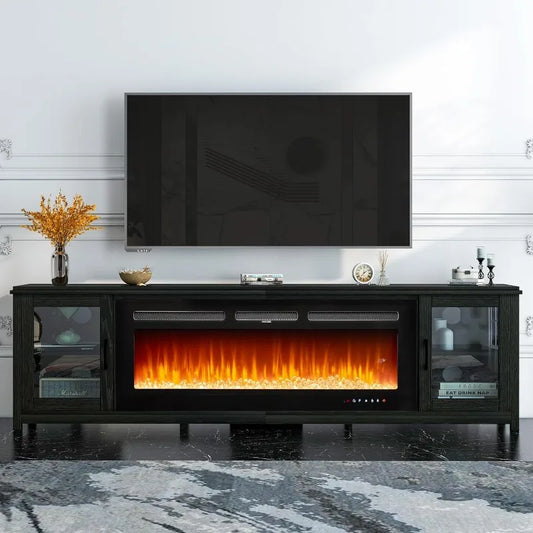 Modern TV Stand with Electric Fireplace, 78" Freestanding Media Console, Black