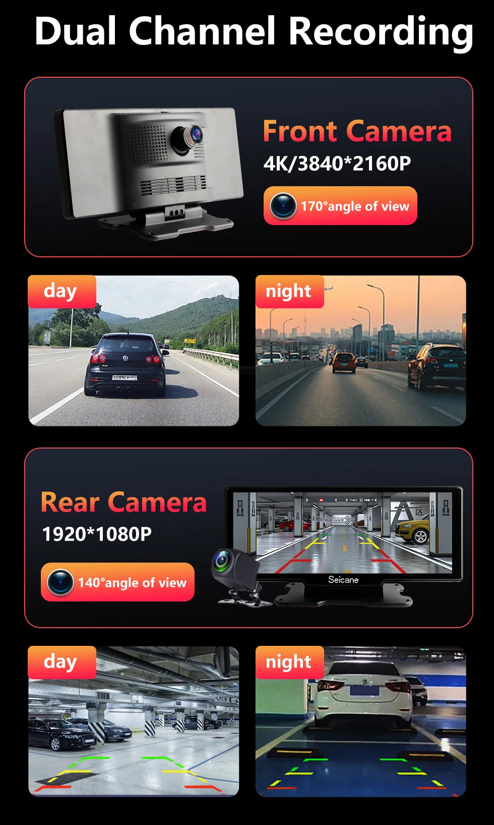4K Car Dash Cam with 10.26" Touchscreen, Dual Lens, WiFi, CarPlay & Android Auto