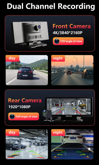4K Car Dash Cam with 10.26" Touchscreen, Dual Lens, WiFi, CarPlay & Android Auto