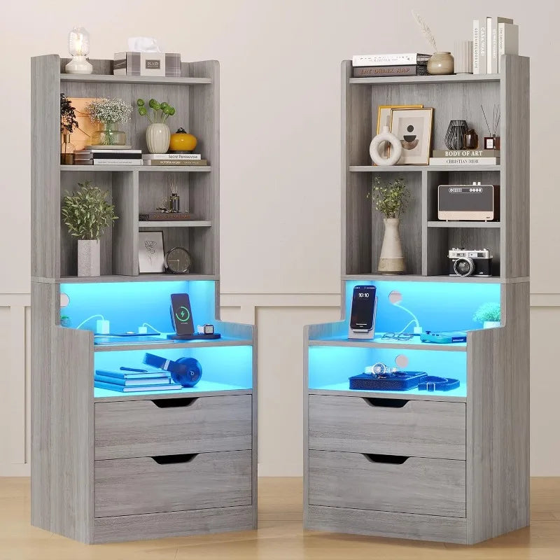 Tall Nightstand with Charging Station & LED Lights, White W/ Bookshelf, Drawers
