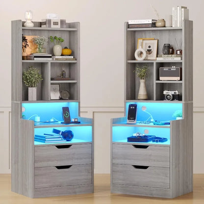 Tall Nightstand with Charging Station & LED Lights, White W/ Bookshelf, Drawers