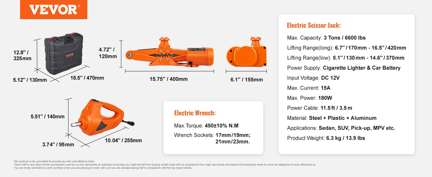 3-Ton Electric Car Scissor Jack Kit - 12V with Impact Wrench, Lifting Set