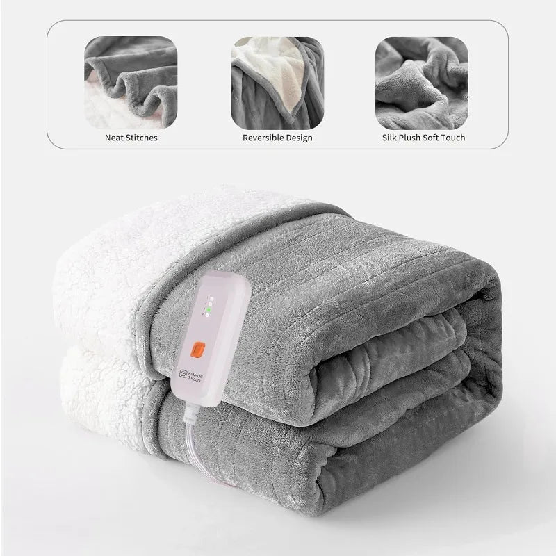 Electric Heated Blanket 50''x60'' Soft Plush, 4 Heat Levels, 3-Hour Auto Off