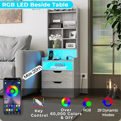 Tall Nightstand with Charging Station & LED Lights, White W/ Bookshelf, Drawers