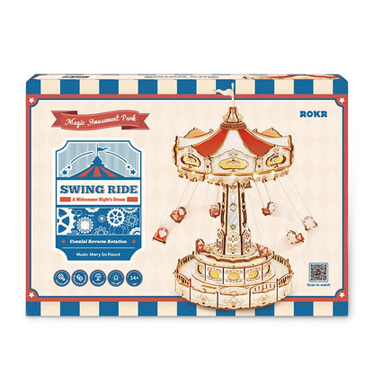 DIY Swing Ride Music Box, 3D Wooden Puzzle Amusement Park Toy for Kids & Adults