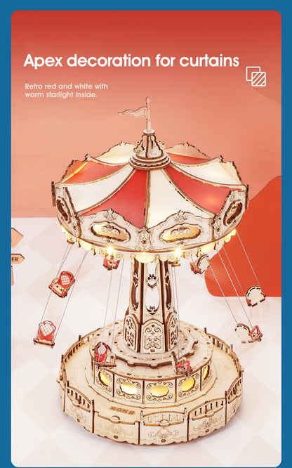 DIY Swing Ride Music Box, 3D Wooden Puzzle Amusement Park Toy for Kids & Adults