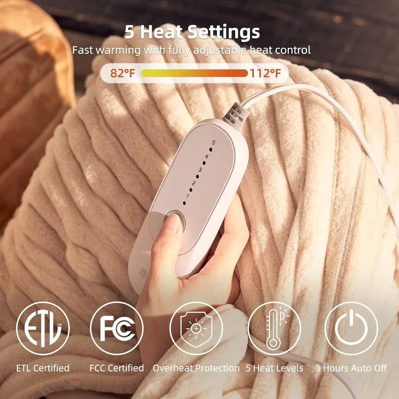 Electric Heated Blanket 50''x60'' Soft Plush, 4 Heat Levels, 3-Hour Auto Off