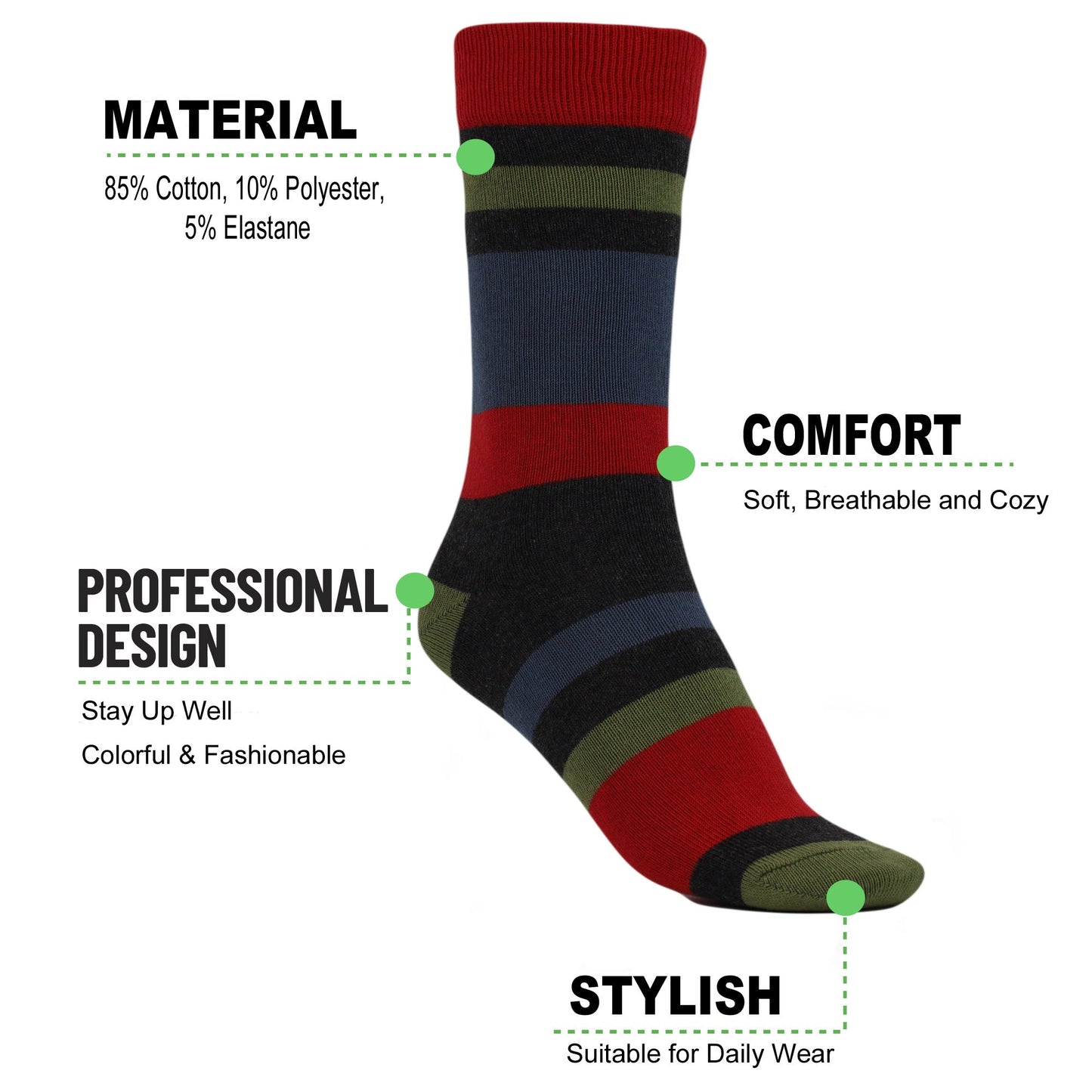 3 Pairs Women's Striped Cotton Crew Socks Size 9-11 Colorful Casual Socks