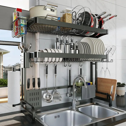 3-Tier Adjustable Over The Sink Dish Drying Rack, Stainless Steel, 29.1''-37.4''