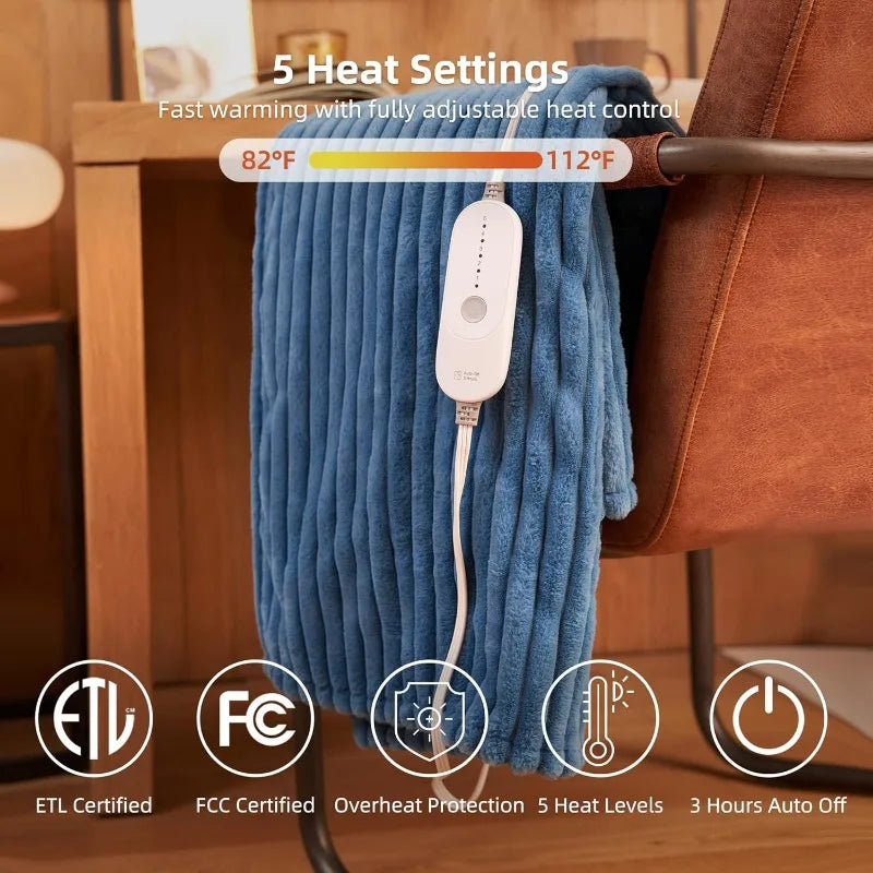 Electric Heated Blanket 50''x60'' Soft Plush, 4 Heat Levels, 3-Hour Auto Off