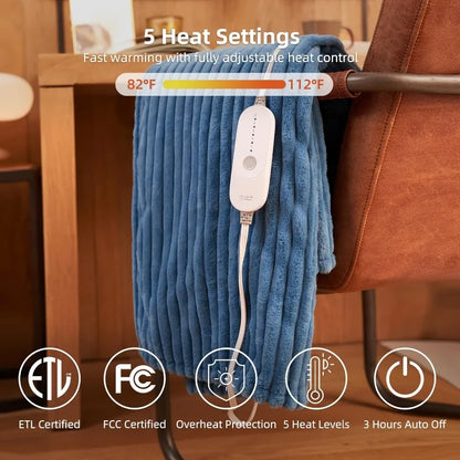 Electric Heated Blanket 50''x60'' Soft Plush, 4 Heat Levels, 3-Hour Auto Off