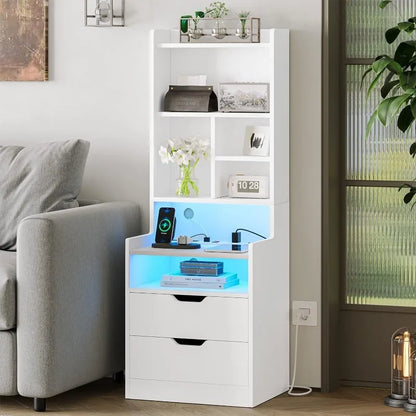 Tall Nightstand with Charging Station & LED Lights, White W/ Bookshelf, Drawers