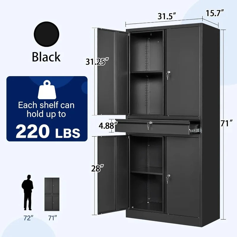 Lockable Metal Storage Cabinet with Adjustable Shelves, Garage & Office Use