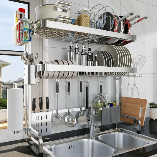 3-Tier Adjustable Over The Sink Dish Drying Rack, Stainless Steel, 29.1''-37.4''