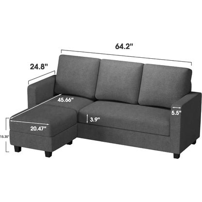 Convertible Sectional Sofa Couch with Removable Ottoman, L-Shaped, 3-Seater