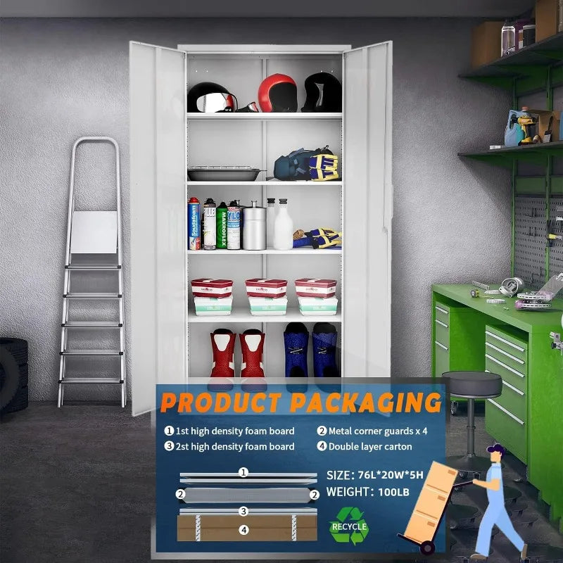 Lockable Metal Storage Cabinet with Adjustable Shelves, Garage & Office Use