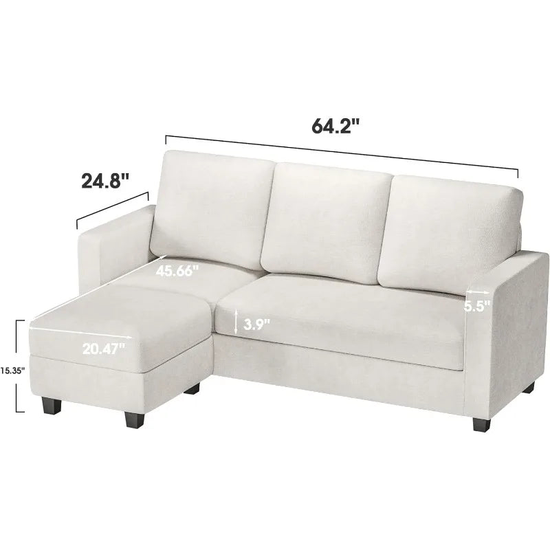 Convertible Sectional Sofa Couch with Removable Ottoman, L-Shaped, 3-Seater