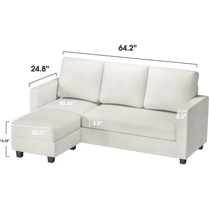 Convertible Sectional Sofa Couch with Removable Ottoman, L-Shaped, 3-Seater