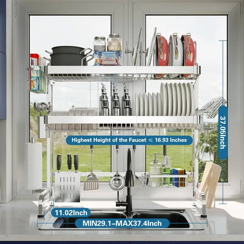 3-Tier Adjustable Over The Sink Dish Drying Rack, Stainless Steel, 29.1''-37.4''
