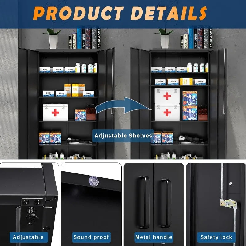 Lockable Metal Storage Cabinet with Adjustable Shelves, Garage & Office Use