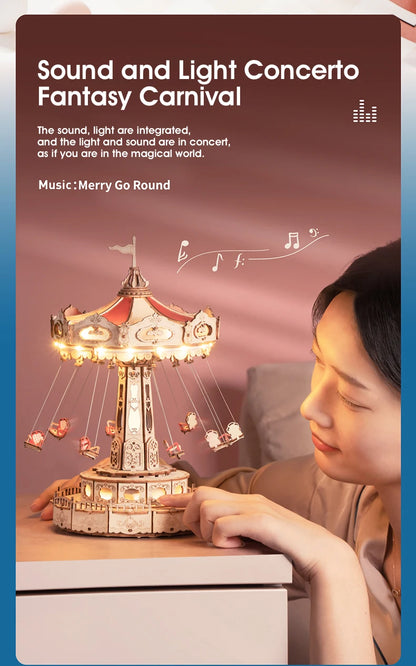 DIY Swing Ride Music Box, 3D Wooden Puzzle Amusement Park Toy for Kids & Adults