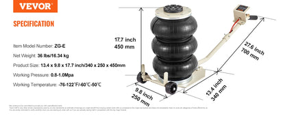 Heavy-Duty 3 Ton/5 Ton Air Bag Jack, Quick Lift Pneumatic Car Jack