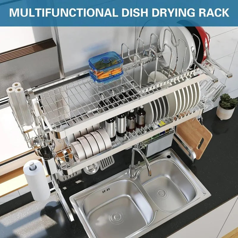 3-Tier Adjustable Over The Sink Dish Drying Rack, Stainless Steel, 29.1''-37.4''