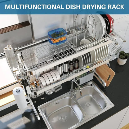 3-Tier Adjustable Over The Sink Dish Drying Rack, Stainless Steel, 29.1''-37.4''