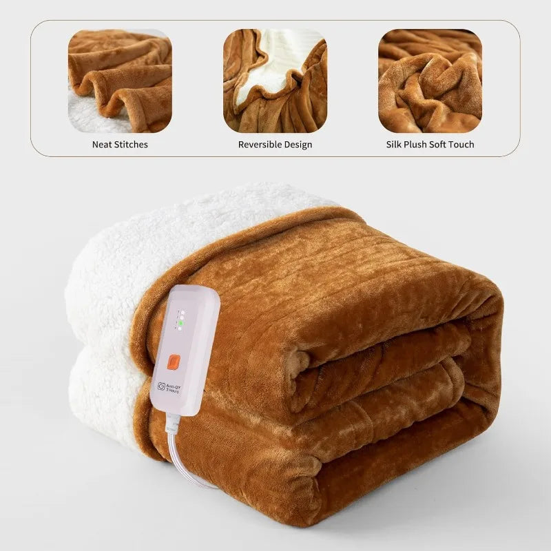 Electric Heated Blanket 50''x60'' Soft Plush, 4 Heat Levels, 3-Hour Auto Off