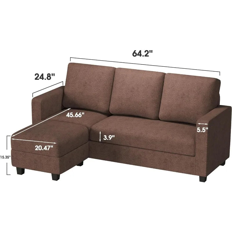 Convertible Sectional Sofa Couch with Removable Ottoman, L-Shaped, 3-Seater
