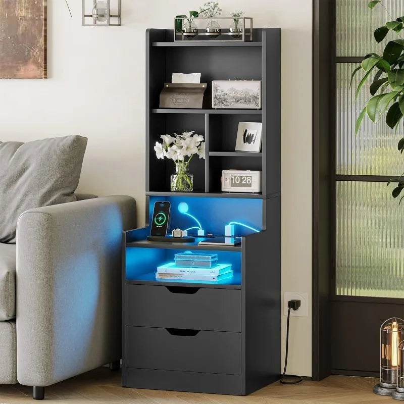Tall Nightstand with Charging Station & LED Lights, White W/ Bookshelf, Drawers