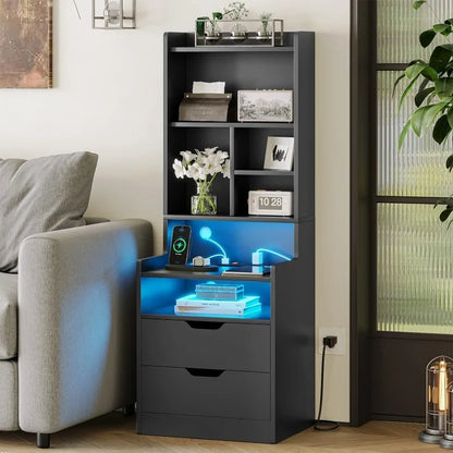 Tall Nightstand with Charging Station & LED Lights, White W/ Bookshelf, Drawers